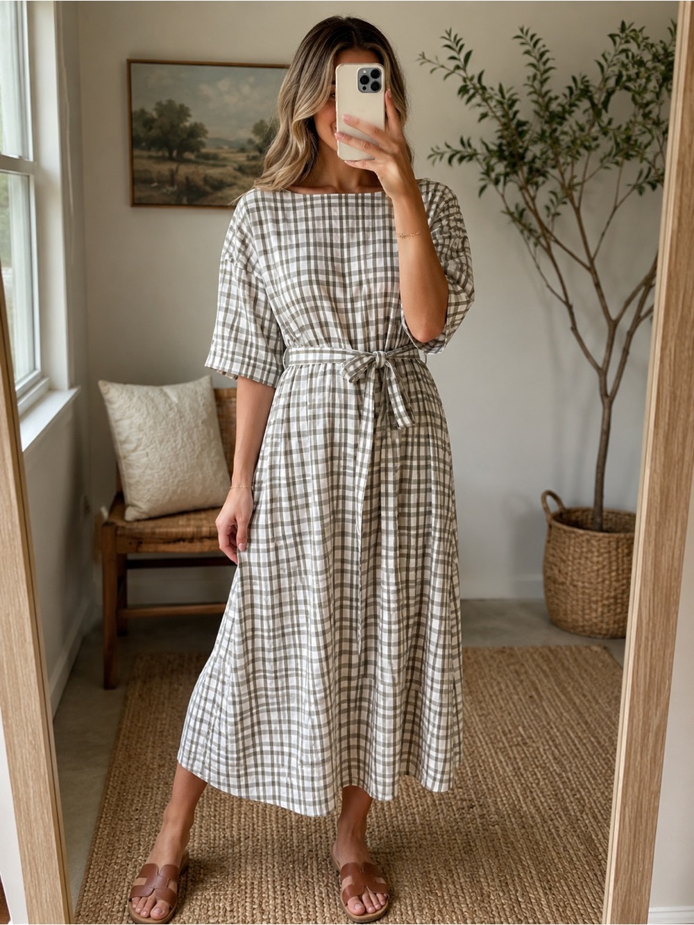 Zara Gingham Belted Midi Dress